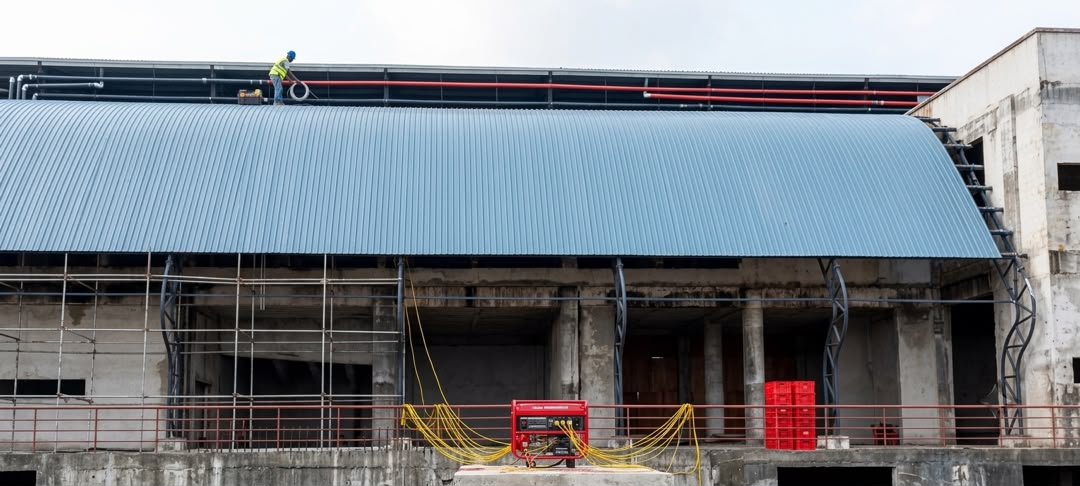 Grey corrugated metal roofing panel installation